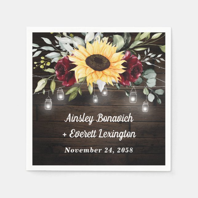 Sunflower and Burgundy Red Rose Rustic Wedding Napkin (Front)
