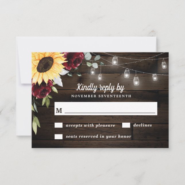 Sunflower and Burgundy Red Rose Rustic Wedding RSVP Card (Front)
