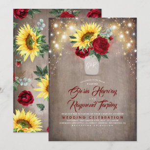 Sunflower and Burgundy Rose Mason Jar Fall Wedding Invitation