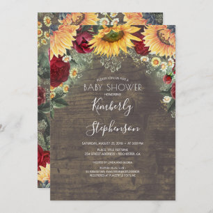 Sunflower and Burgundy Rose Rustic Baby Shower Invitation