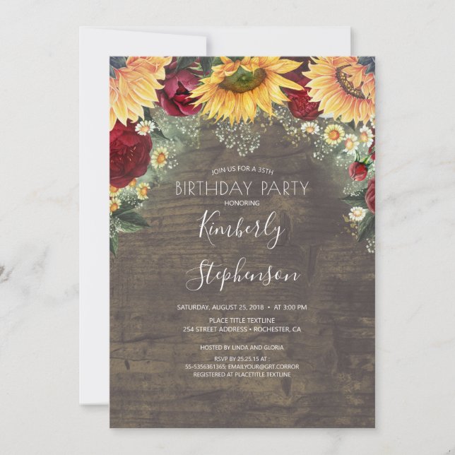 Sunflower and Burgundy Rose Rustic Birthday Invitation (Front)
