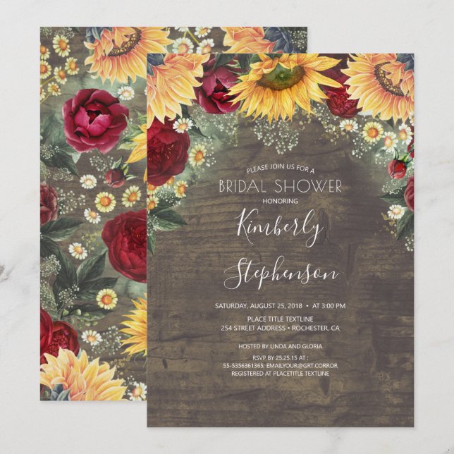 Sunflower and Burgundy Rose Rustic Bridal Shower Invitation (Front/Back)