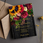 Sunflower and burgundy roses rustic fall wedding invitation<br><div class="desc">Elegant chic wedding stylish invitation template on dark brown barn wood featuring a beautiful yellow sunflower and red burgundy roses bouquet, strings of twinkle lights, and faux gold typography script. Easy to personalise with your details! The invitation is suitable for elegant autumn fall or summer rustic country outdoor backyard garden...</div>