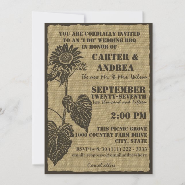 Sunflower and Burlap BBQ Wedding Reception Invitation (Front)