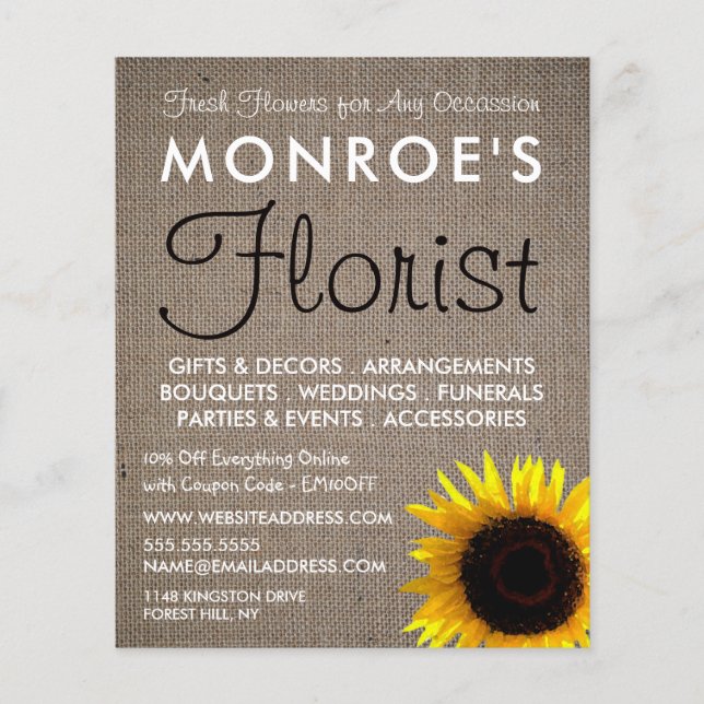 Sunflower and Burlap, Floristry Advertising Flyer (Front)