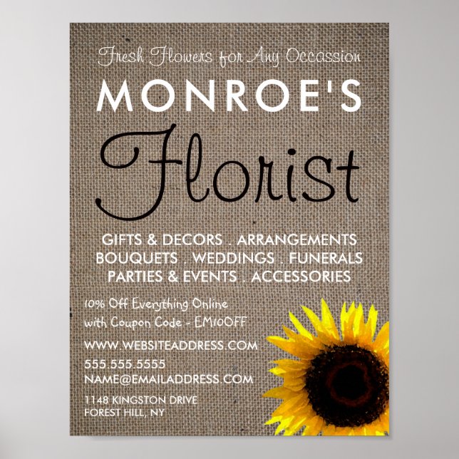 Sunflower and Burlap, Floristry Advertising Poster (Front)