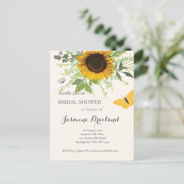 Sunflower and butterflies Bridal Shower   Invitation Postcard (Standing Front)