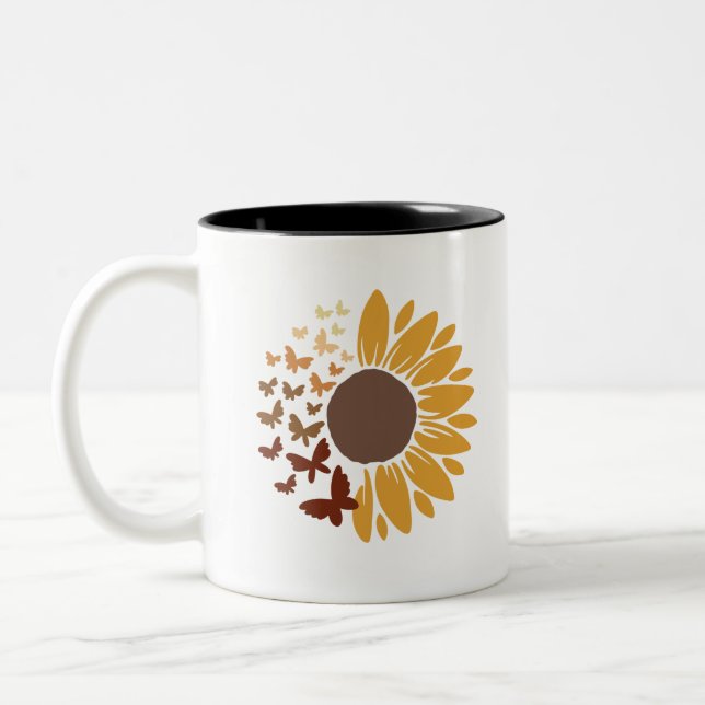 Sunflower and Butterflies Two-Tone Coffee Mug (Left)