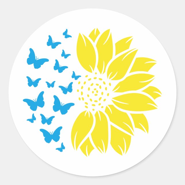 Sunflower and butterflies. Ukrainian flag colours. Classic Round Sticker (Front)