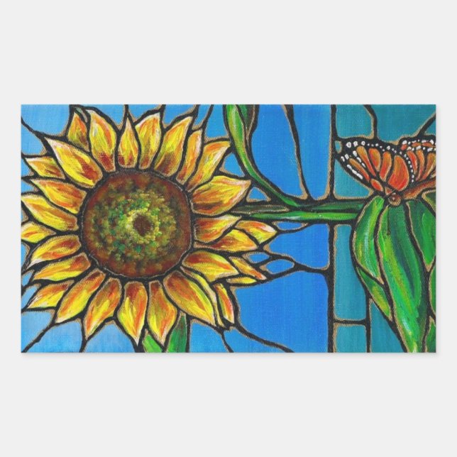 Sunflower and Butterfly Art--stained glass style! Rectangular Sticker (Front)