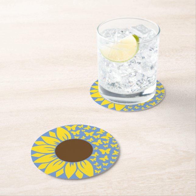 Sunflower and Butterfly Blue and Yellow Coaster (Insitu)