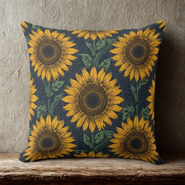 Sunflower and Cheetah Print Pattern Cushion (sunflowers on navy cheetah background throw pillow)