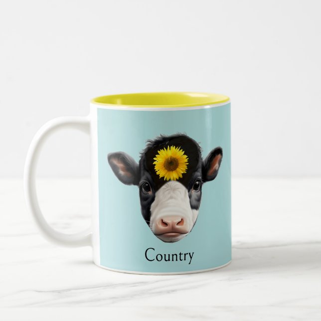 Sunflower and Cow Face Two-Tone Coffee Mug (Left)