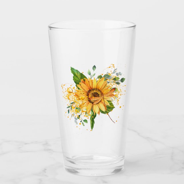 Sunflower and dragonfly splatter fall  glass (Front)