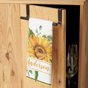 Sunflower and dragonfly splatter fall personalised tea towel