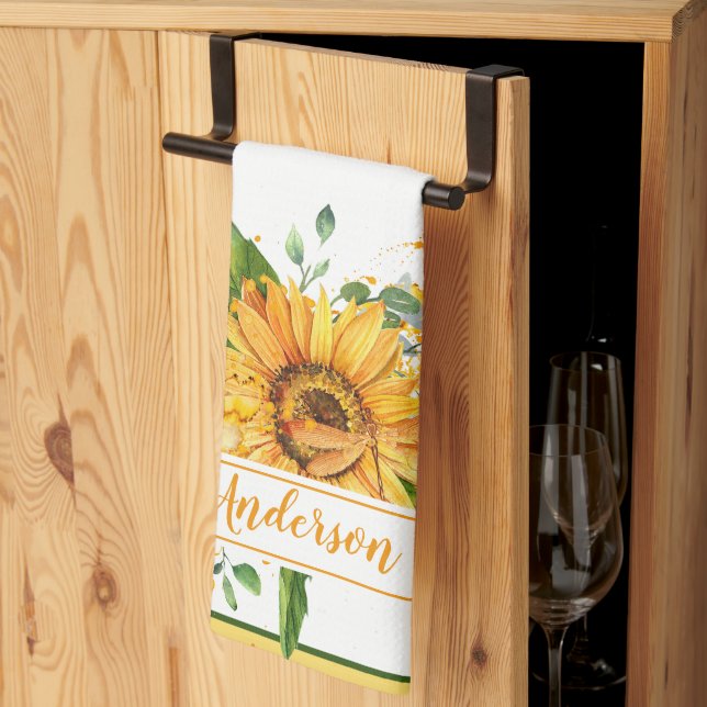 Sunflower and dragonfly splatter fall personalised tea towel (Thirds Fold)