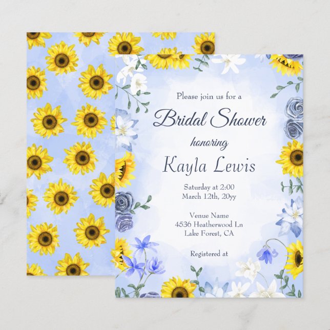 Sunflower and Dusty Blue Rose Bridal Shower Invitation (Front/Back)