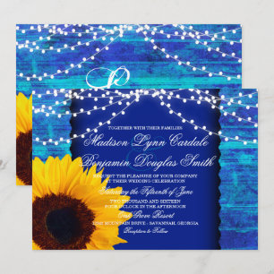 Sunflower and Fairy Lights Blue Wedding Invites
