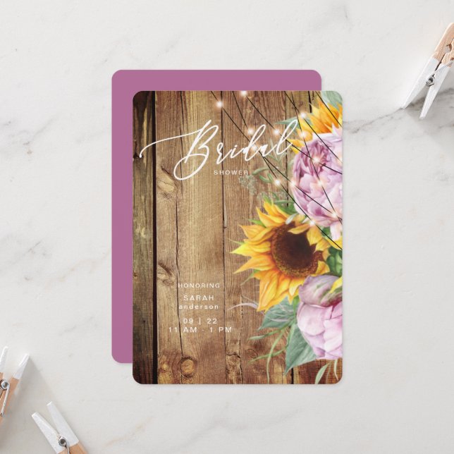 Sunflower and Fuchsia Rustic Rounded Bridal Shower Invitation (Front/Back In Situ)