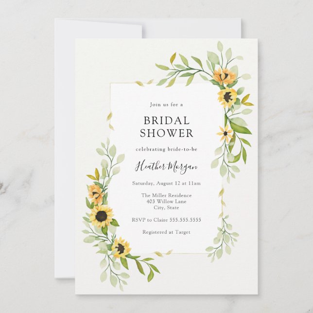 Sunflower and Greenery Frame Bridal Shower Invitation (Front)