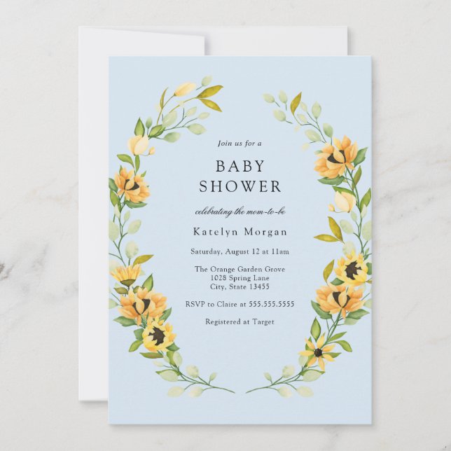 Sunflower and Greenery Wreath Baby Shower Invitation (Front)