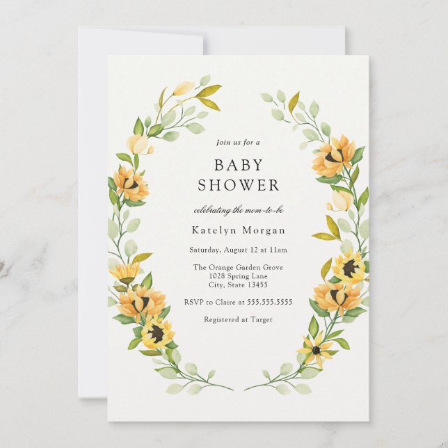 Sunflower and Greenery Wreath Baby Shower Invitation (Front)