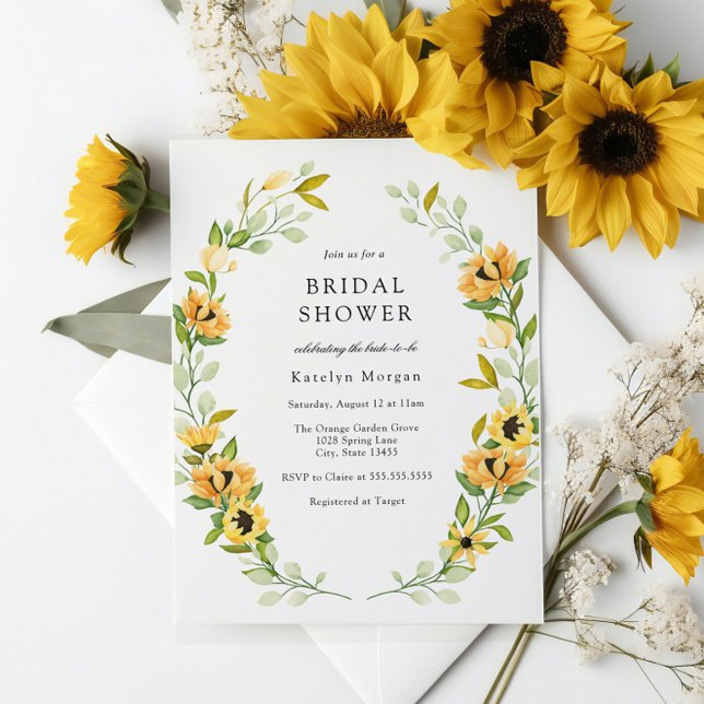 Sunflower and Greenery Wreath Bridal Shower Invitation (Creator Uploaded)