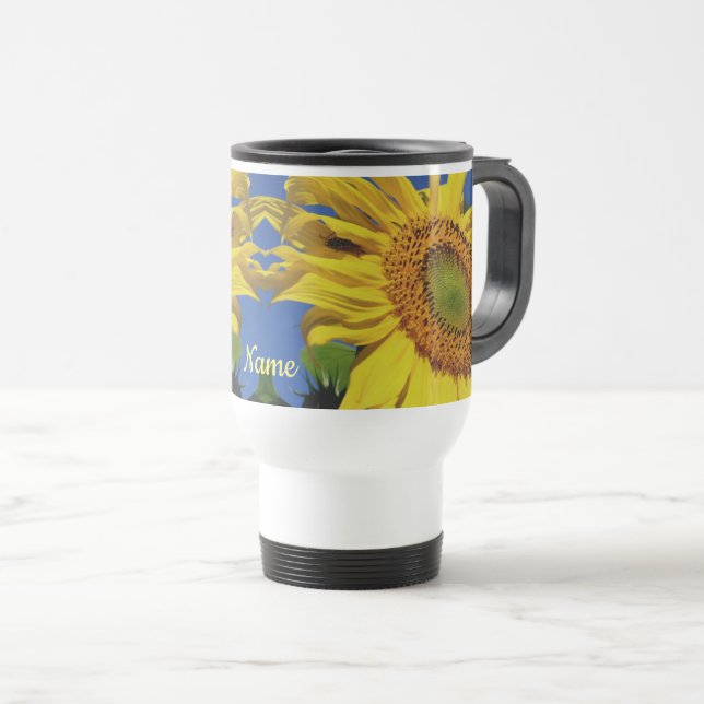 Sunflower And Guest Flower Personalised  Travel Mug (Front Right)