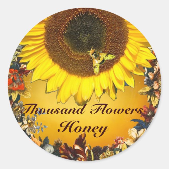 SUNFLOWER AND HONEY BEE FLORAL BEEKEEPING CLASSIC ROUND STICKER (Front)