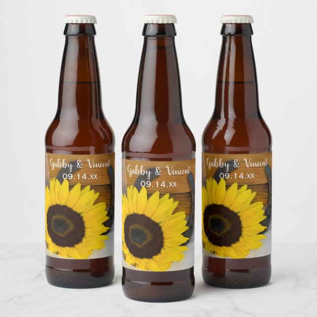 Sunflower and Horseshoe Country Western Wedding Beer Bottle Label (Bottles)