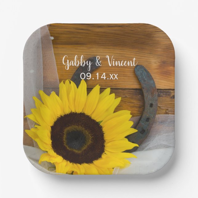 Sunflower and Horseshoe Country Western Wedding Paper Plate (Front)