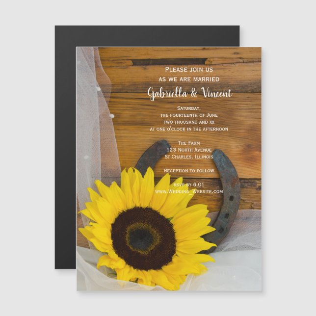 Sunflower and Horseshoe Western Wedding Magnetic Invitation (Front/Back)