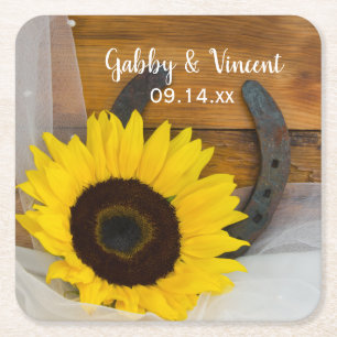Sunflower and Horseshoe Western Wedding Square Paper Coaster