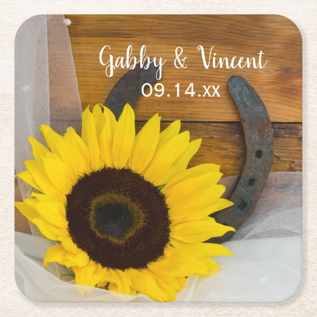 Sunflower and Horseshoe Western Wedding Square Paper Coaster (Front)