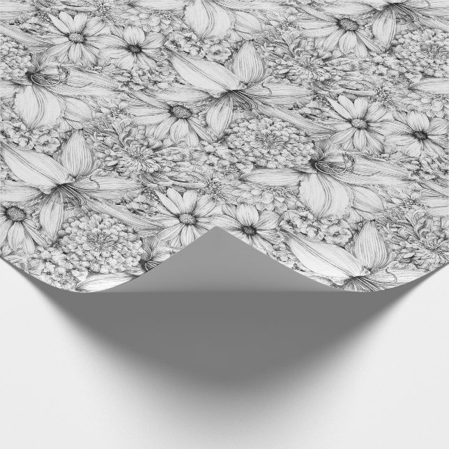 Sunflower and Hydrangea Black White Floral Wrapping Paper (Corner)