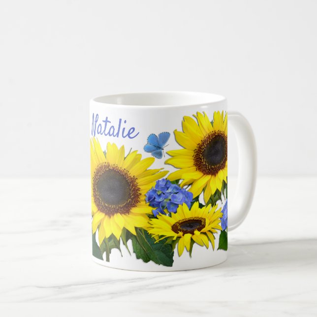 Sunflower and Hydrangea Custom Name Coffee Mug (Front Right)