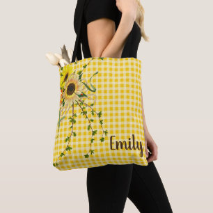 sunflower and ivy bouquet on yellow gingham tote bag