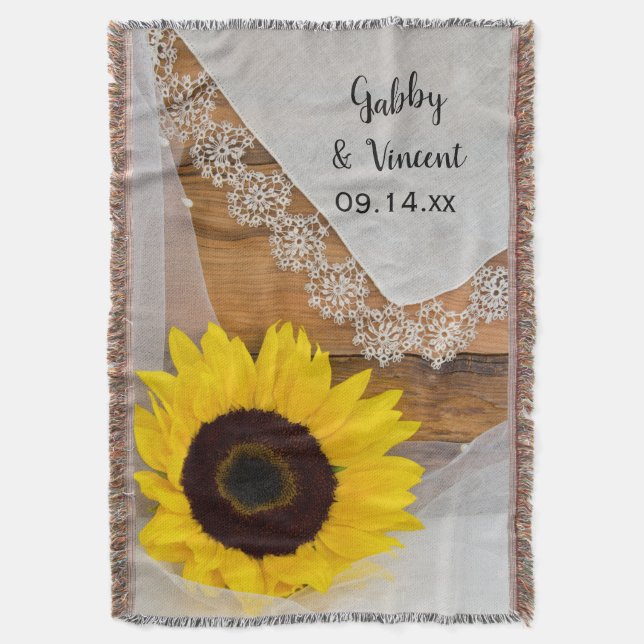 Sunflower and Lace Country Wedding Keepsake Throw Blanket (Front Vertical)