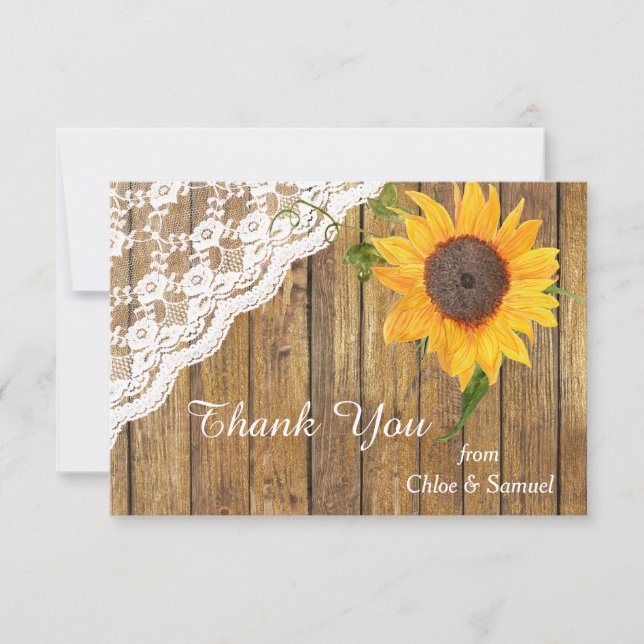 Sunflower and Lace on Wood Wedding Thank You (Front)