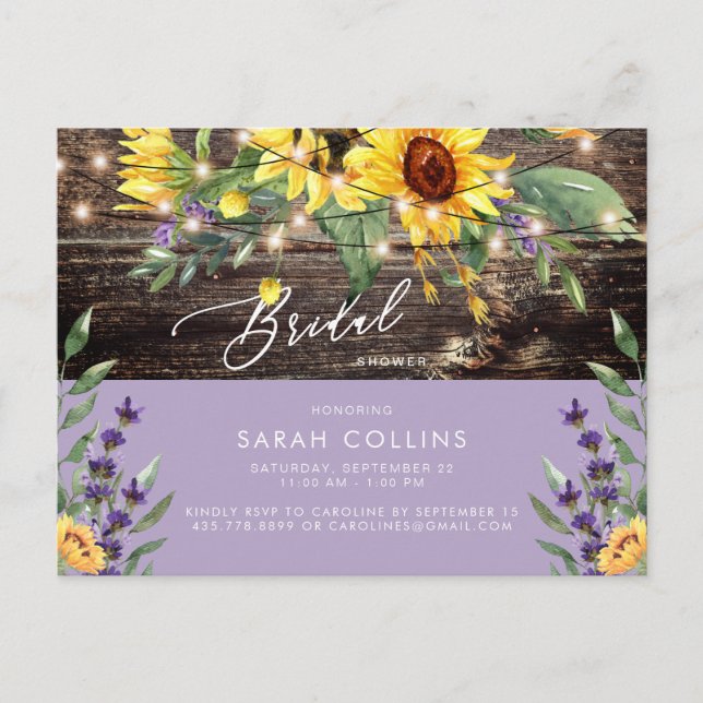 Sunflower and Lavender Bridal Rustic Shower  Invitation Postcard (Front)