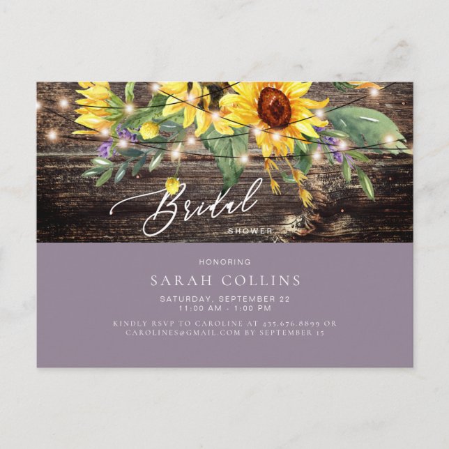 Sunflower and Lavender Rustic Bridal Shower  Invit Invitation Postcard (Front)