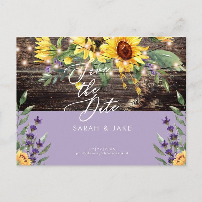 Sunflower and Lavender Wedding Save the Date Postcard (Front)