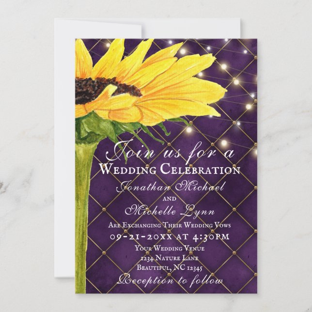 Sunflower and Lights on Purple All In One Wedding Invitation (Front)