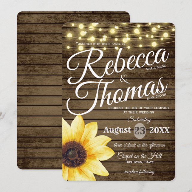 Sunflower and Lights Rustic Wedding Invitation (Front/Back)