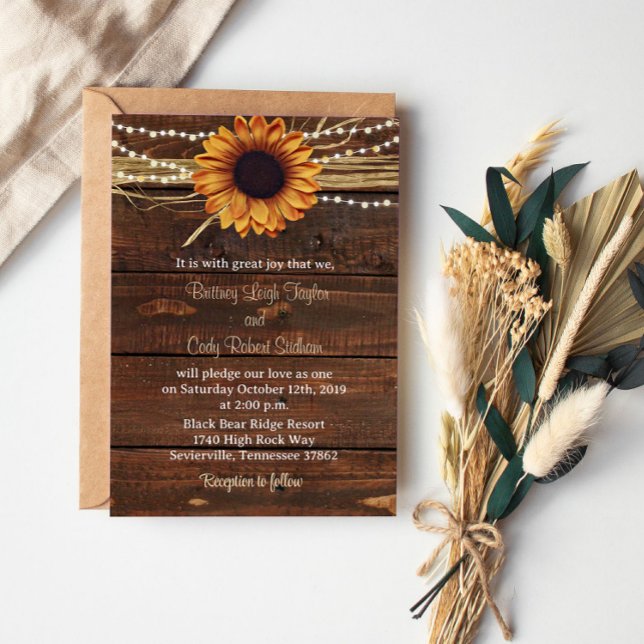 Sunflower and Lights Wood Wedding Invitation (Creator Uploaded)