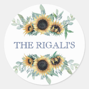 Sunflower and Navy Blue Floral Botanical Wedding Classic Round Sticker