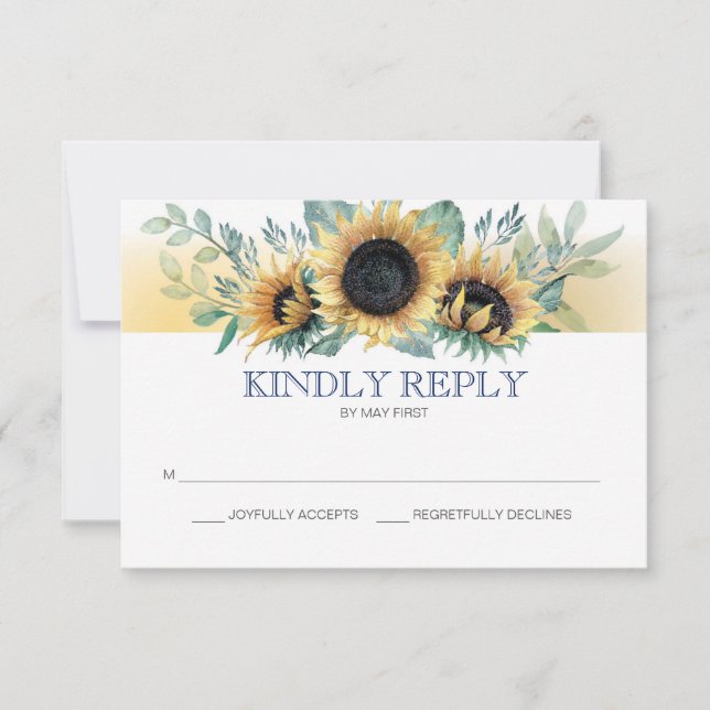 Sunflower and Navy Blue Floral Wedding RSVP Card (Front)