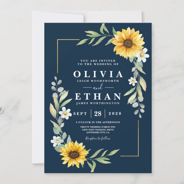 Sunflower and Navy Blue Geometric Rustic Invitation (Front)