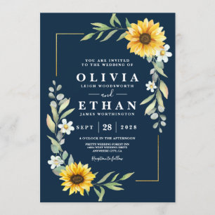 Sunflower and Navy Blue Geometric Rustic Invitation