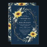 Sunflower and Navy Blue Geometric Rustic Wedding Invitation<br><div class="desc">Design features watercolor greenery,  sunflowers,  printed gold elements and airy botanical leaves over a printed gold coloured geometric frame. The back features a matching greenery and sunflower wreath. The background colour is set to a dark navy blue.</div>